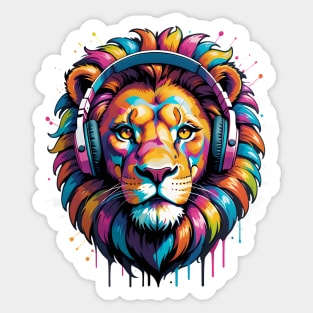 Vibrant Lion Groove: Colorful Majesty with Headphones Sticker